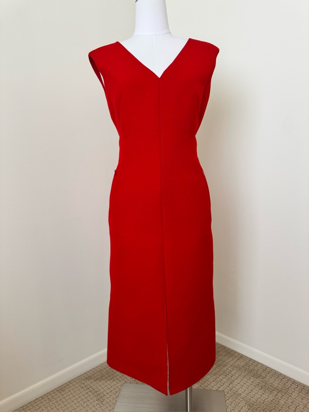 AKRIS Red V-Neck wool and silk Sheath Dress